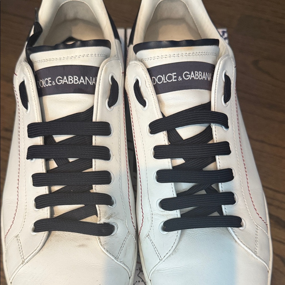 Dolce & Gabbana White Leather Sneakers with Navy Blue Accents size 12